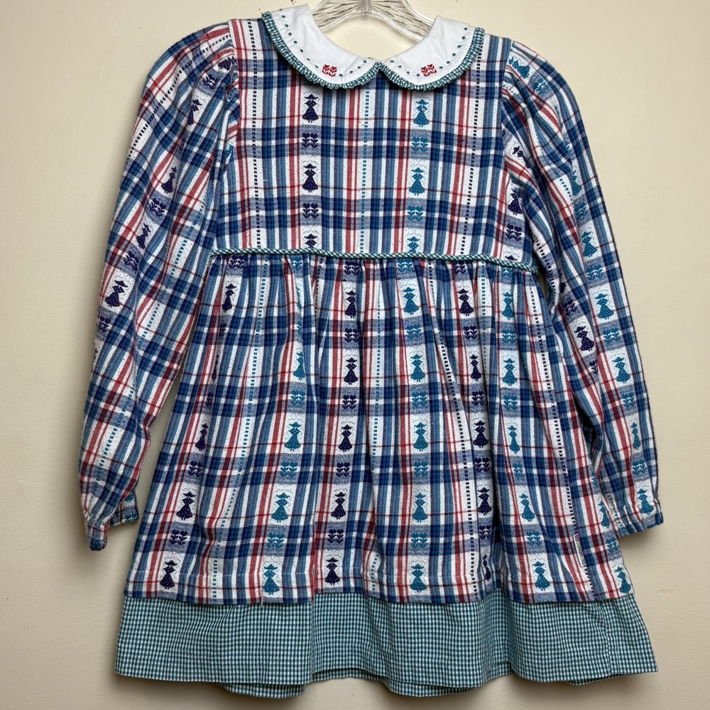 VTG Gymboree Folk Plaid Dress XXL 6-7 Puff Sleeve Peter Pan Collar Gingham Trim